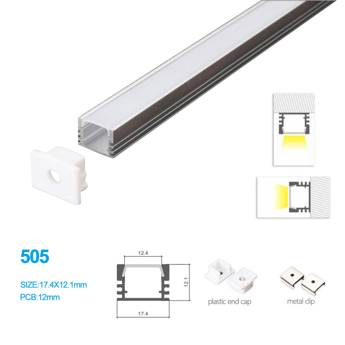 Kit de profilés LED en aluminium 17,4 mm x 12,1 mm 505-B – Largeur intérieure 12 mm | Argent | Revêtement blanc laiteux | Avec accessoires d'installation | Profilés en aluminium – 1 m / 2 m / 3 m | Lot de 50/100