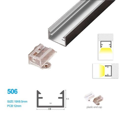 Kit de profilés LED en aluminium 19 x 8,5 mm 506-B – Largeur intérieure 12 mm | Argent | Revêtement blanc laiteux | Avec accessoires d'installation | Profilés en aluminium – 1 m / 2 m / 3 m | Lot de 50/100