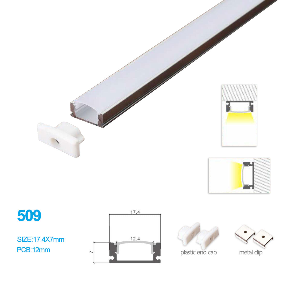 Kit de profilés LED en aluminium pour montage mural 17,4 x 7 mm 509-B – Largeur intérieure 12 mm | Argent | Cache blanc laiteux | Avec accessoires d'installation | Profilés en aluminium – 1 m / 2 m / 3 m | Lot de 50/100