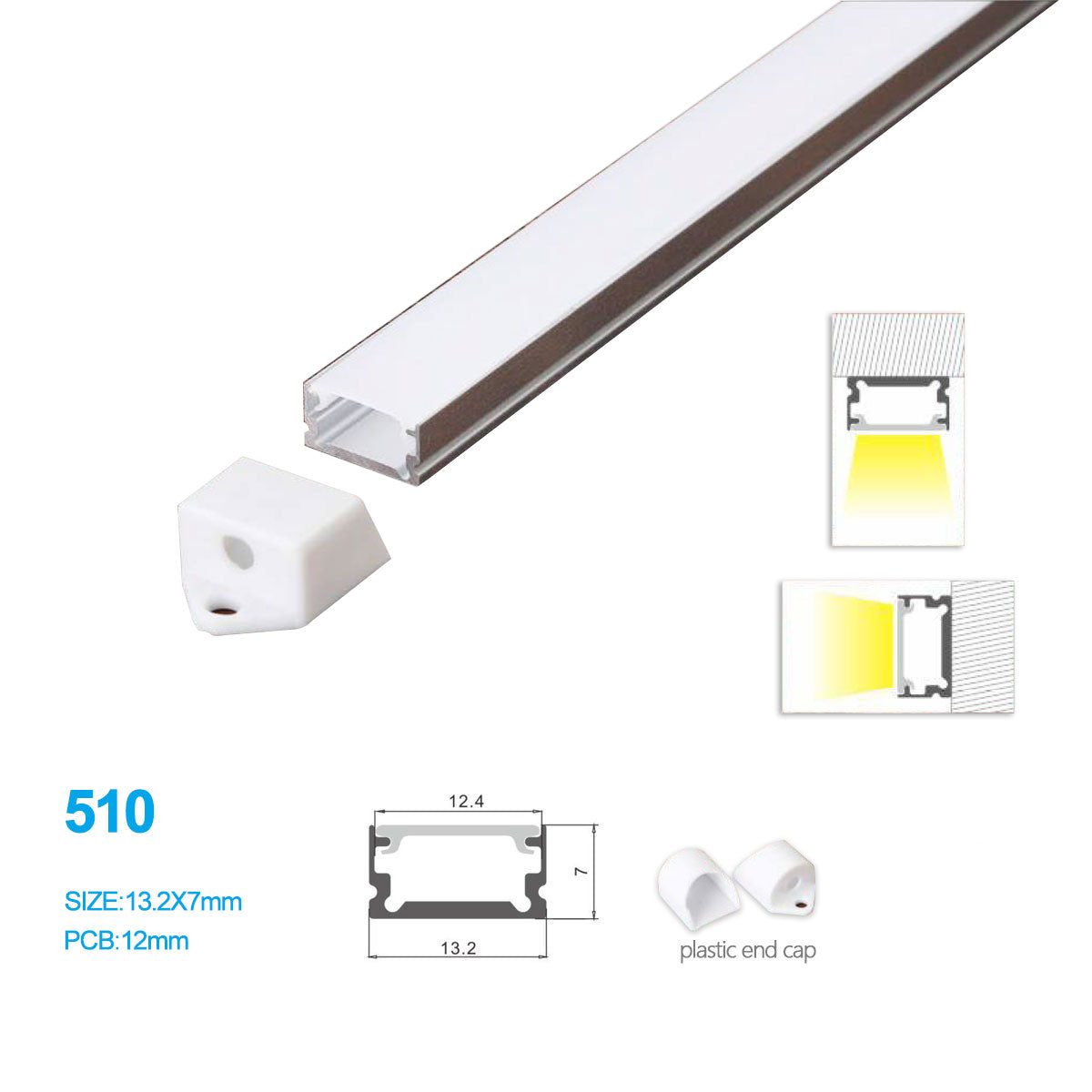Kit de profilés LED en aluminium 13,2 x 7 mm 510-B – Largeur intérieure 12 mm | Argent | Revêtement blanc laiteux | Avec accessoires d'installation | Profilés en aluminium – 1 m / 2 m / 3 m | Lot de 50/100