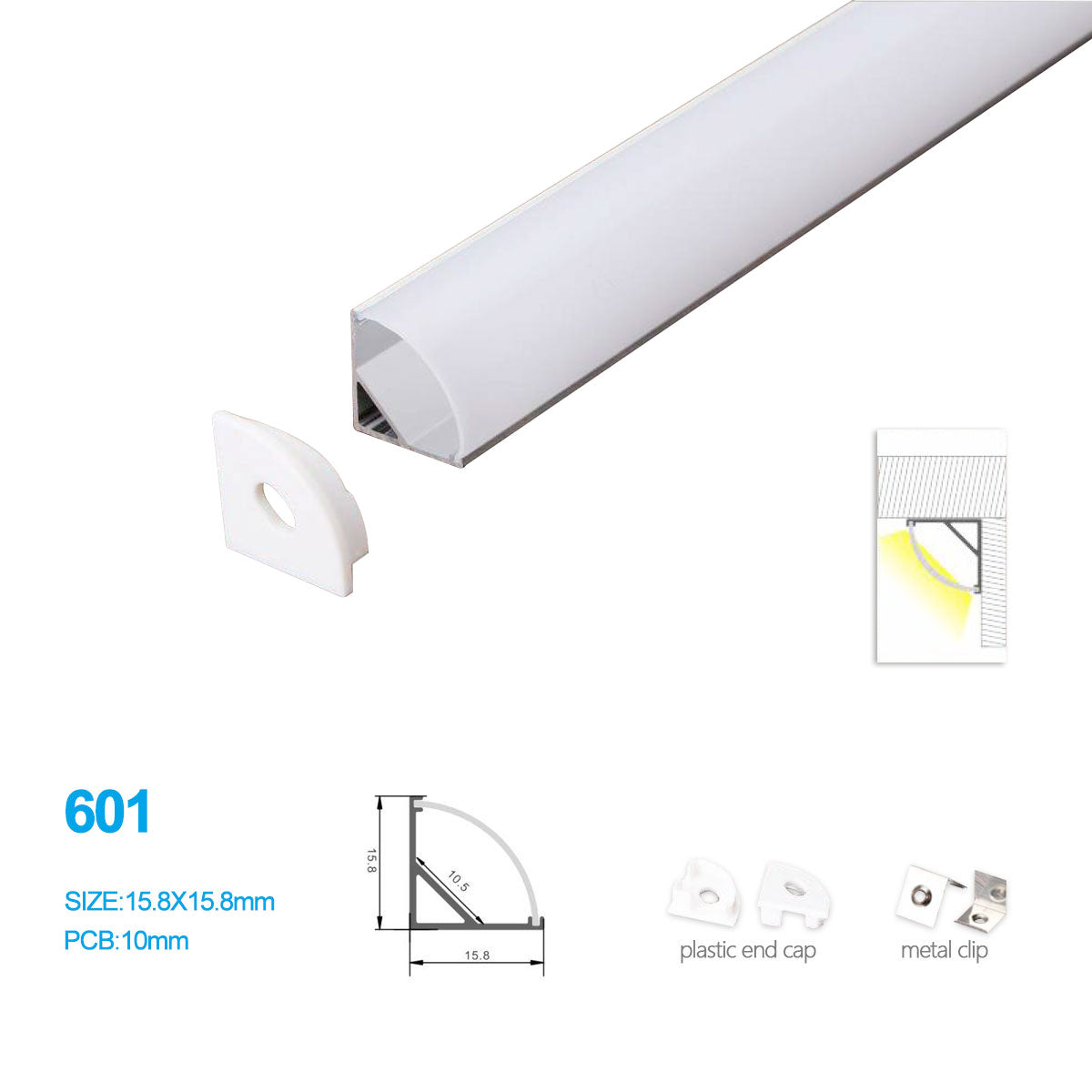 Kit de profilés LED en aluminium 601-B en forme de mini V 15,8 x 15,8 mm – Largeur intérieure 10 mm | Argent | Revêtement blanc laiteux | Avec accessoires d'installation | Profilés en aluminium – 1 m / 2 m / 3 m | Lot de 50/100