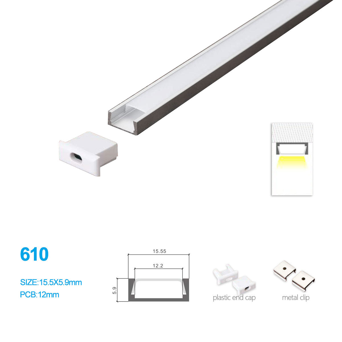 Kit de profilés LED en aluminium 15,5 x 5,9 mm 610-B – Largeur intérieure 12 mm | Argent | Revêtement blanc laiteux | Avec accessoires d'installation | Profilés en aluminium – 1 m / 2 m / 3 m | Lot de 50/100