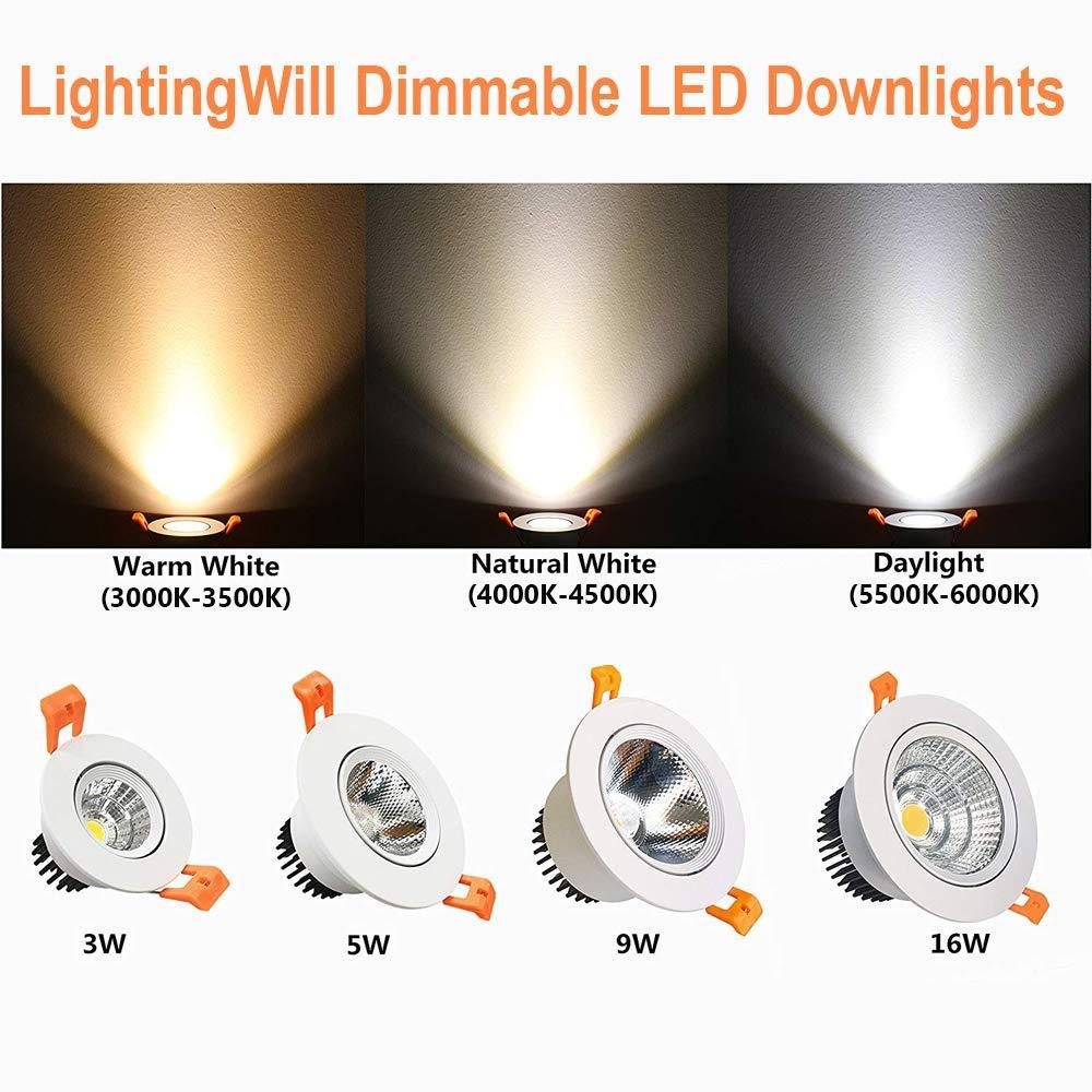 Spot LED encastrable COB réglable série ECO-2 – Boîtier blanc – Intensité variable TRIAC – 3 W/5 W/9 W – Lot de 4/Lot de 10 – 3 000 K–6 000 K – 100–130 V / 200–240 V