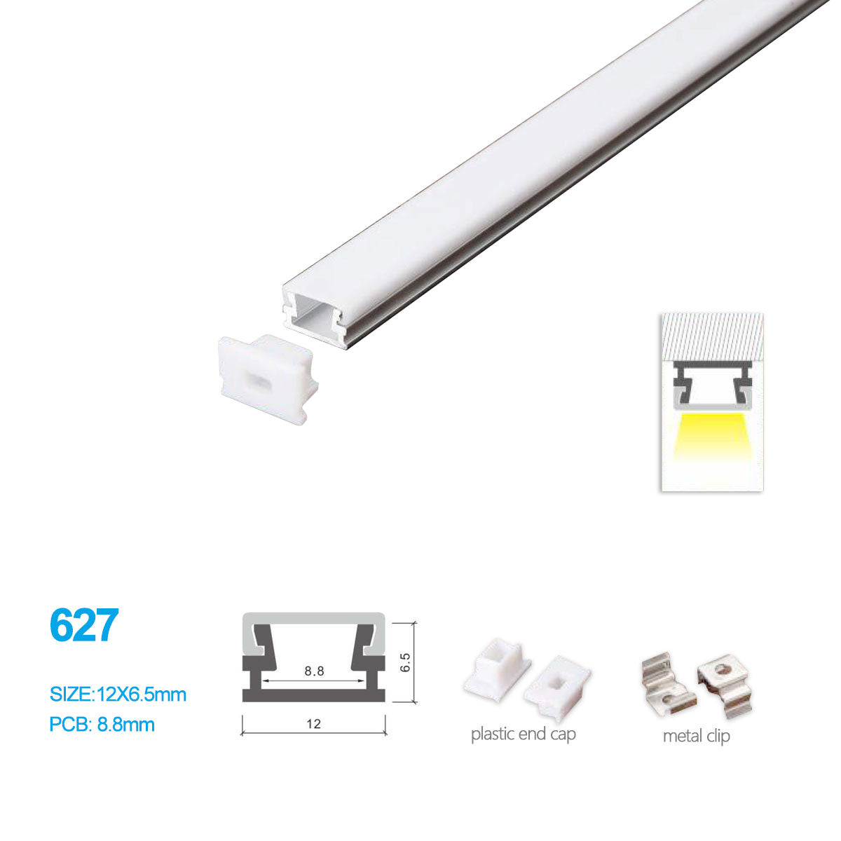 Kit de profilés LED en aluminium 12 x 6,5 mm 627-B – Largeur intérieure 8,8 mm | Argent | Revêtement blanc laiteux | Avec accessoires d'installation | Profilés en aluminium – 1 m / 2 m / 3 m | Lot de 50/100