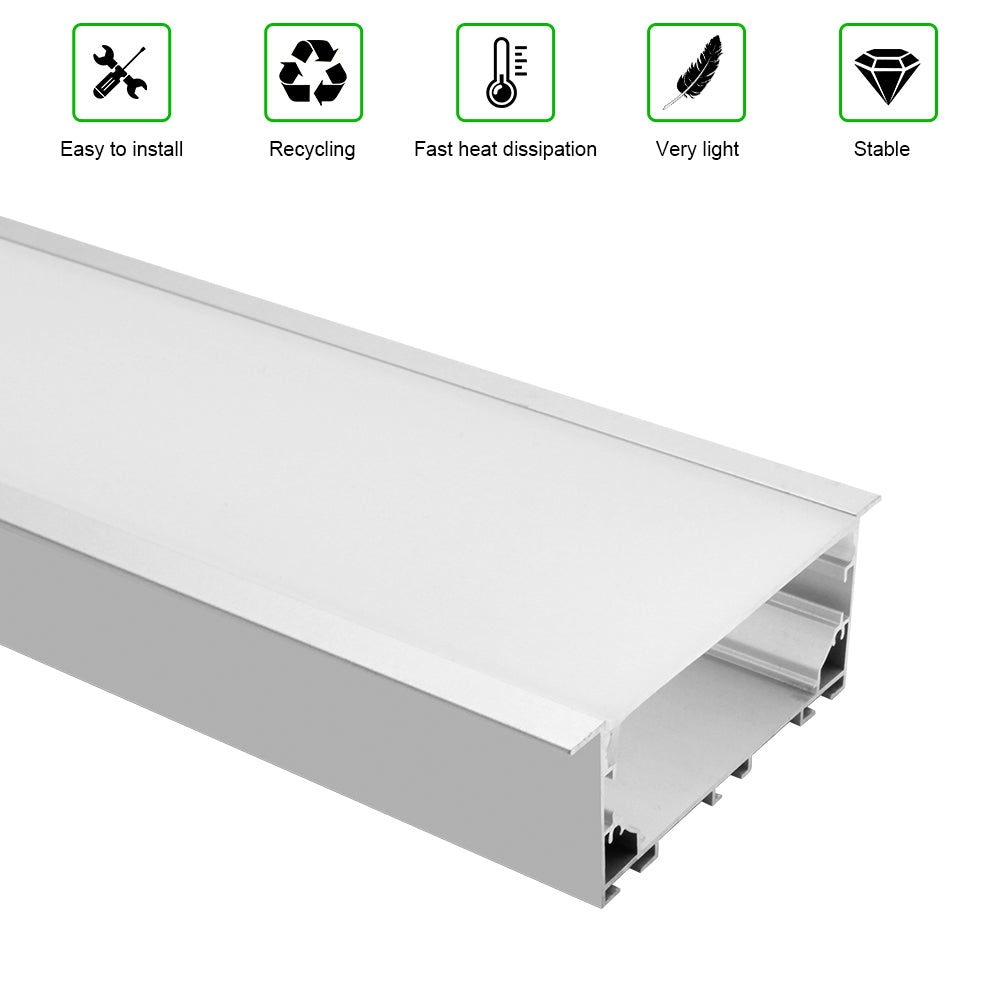 Breiter LED-Einbau-Aluminiumkanal H7635AB – 53 mm Innenbreite | Silber | Milchweiße Abdeckung | Mit Installationszubehör | – Unterputz-Linearbeleuchtung für Büros – 1 m / 2 m | 10er-/20er-Pack 