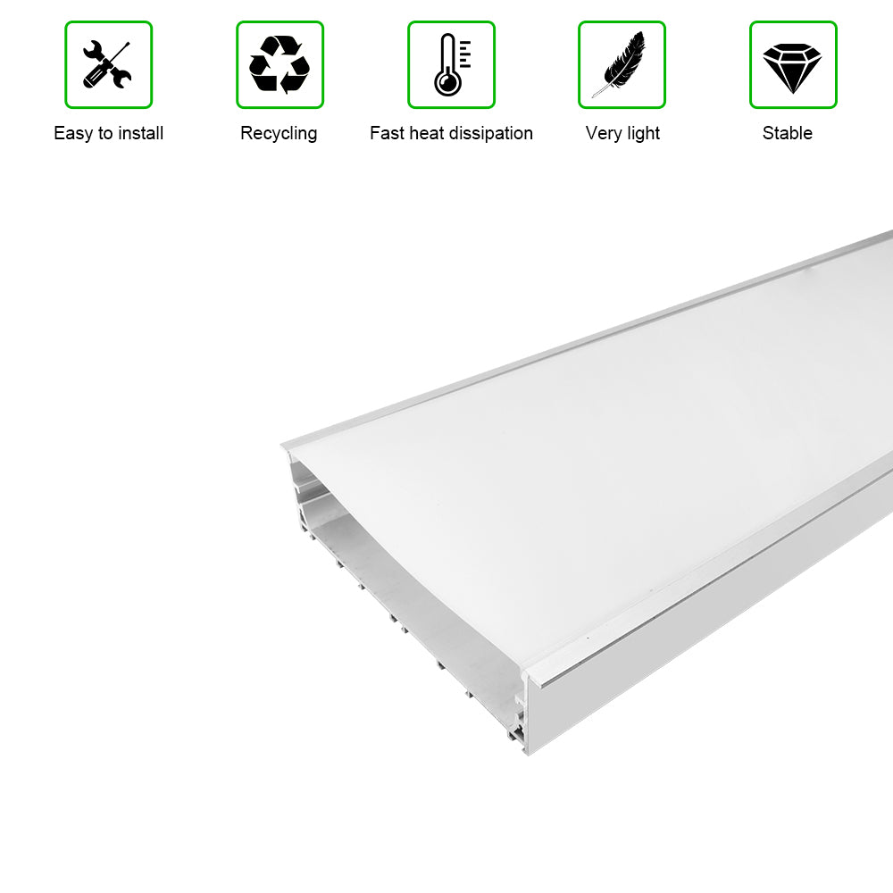Profilé LED encastré large en aluminium H20050B – Largeur intérieure 173 mm | Argent | Cache blanc laiteux | Avec accessoires d'installation | Éclairage linéaire de bureau encastré – 1 m/2 m | Lot de 10/20 