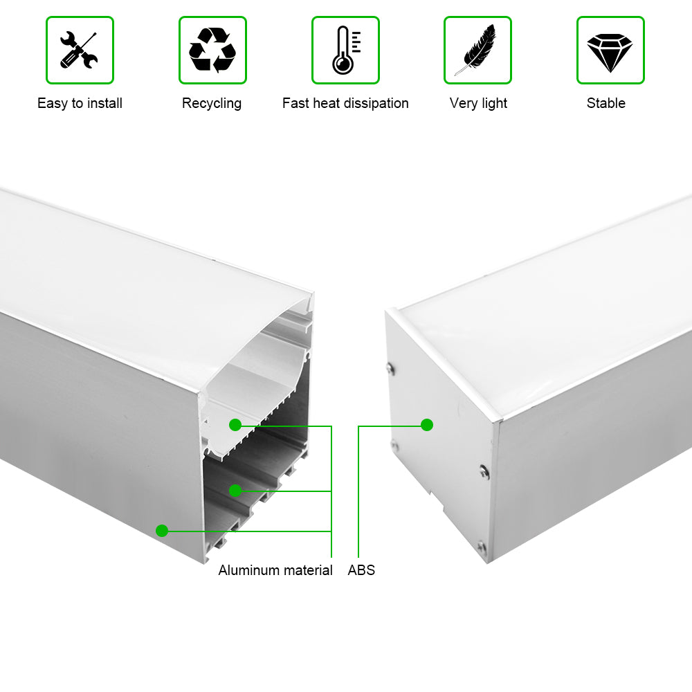 Breiter LED-Aluminium-Pendelkanal H7075B – 45 mm Innenbreite | Silber | Milchweiße Abdeckung | Mit Installationszubehör | – Aufhängung für lineare Bürobeleuchtung – 1 m / 2 m | 10er-/20er-Pack