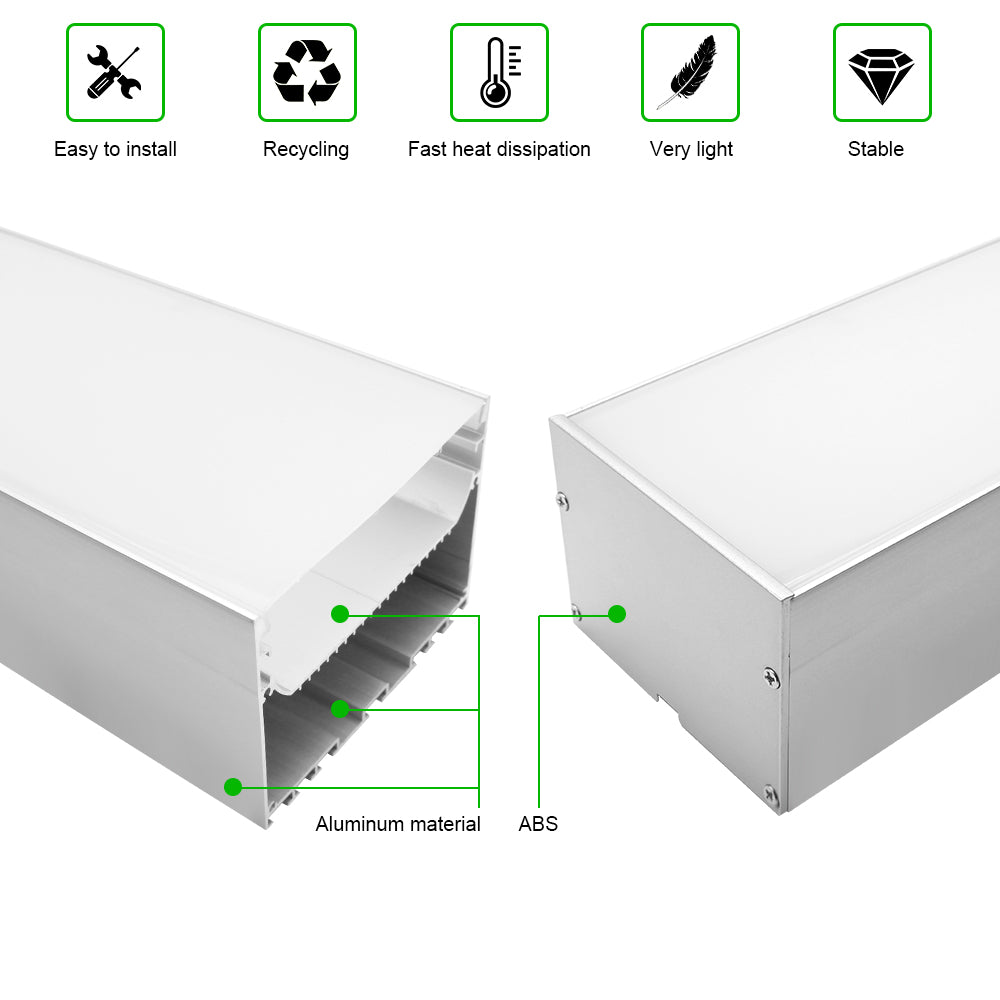 Breiter LED-Aluminium-Pendelkanal H10075B – 75 mm Innenbreite | Silber | Milchweiße Abdeckung | Mit Installationszubehör | – Aufhängung für lineare Bürobeleuchtung – 1 m / 2 m | 10er-/20er-Pack 
