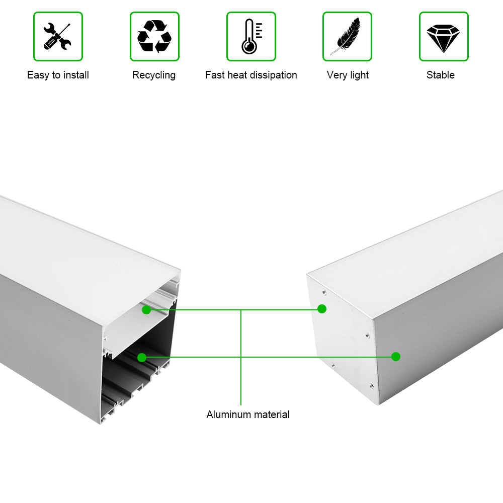 Wide Pendant LED Aluminum Channel H7676B – 54mm Inner Width | Silver | Milky White Cover | With Installation Accessories | – Suspension Mounting Linear Office Lighting – 1m / 2m | 10 / 20-Pack
