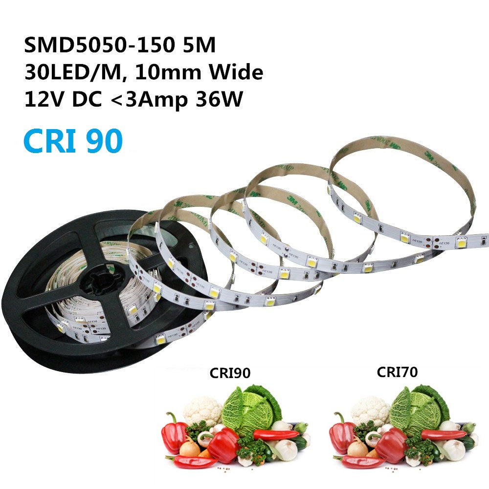 High CRI 90 LED-Streifen, 5-Meter-Rolle SMD5050-150 30 LEDs 450lm pro Meter 12V LED-Streifenlicht, 10mm breites Band