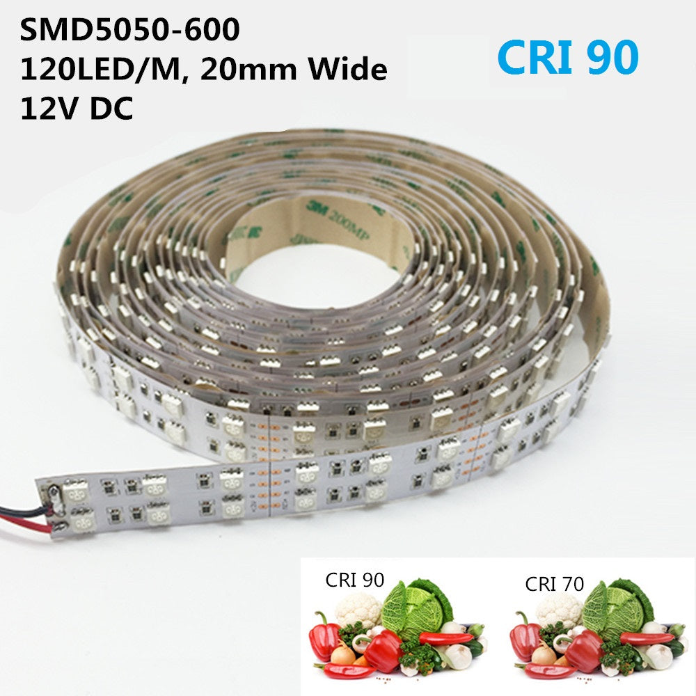 LED-Lichtstreifen mit hohem CRI 90, 12 V dimmbare SMD5050-600-Doppelreihen-flexible LED-Streifen, 120 LEDs 1800 lm pro Meter, 15 mm breites Band