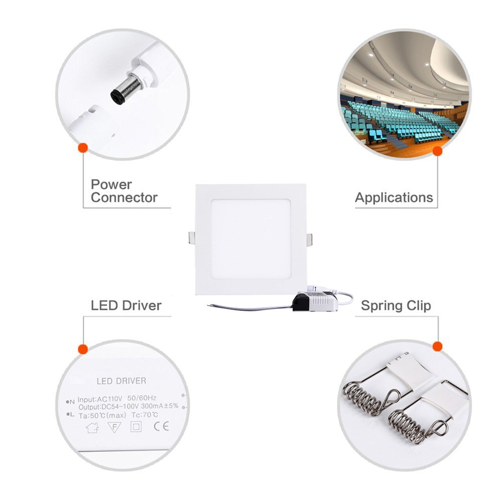 Panneau LED blanc à finition carrée de 10 mm d'épaisseur, encastré au plafond, 100-240 V CA