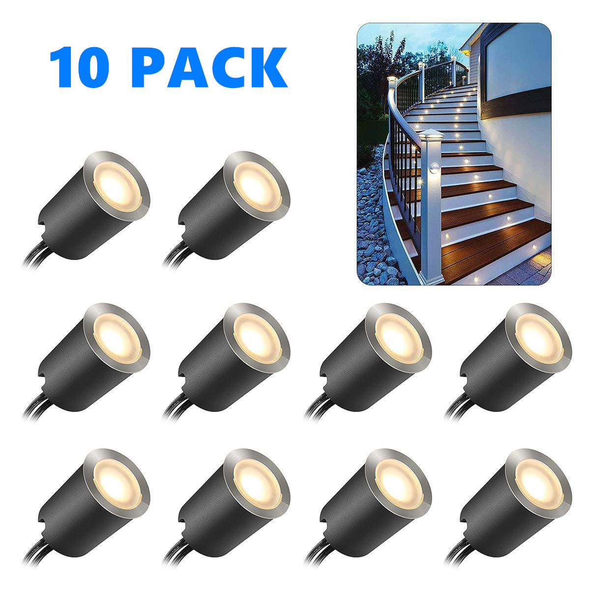 10/16-Pack Recessed LED Deck Lights – 0.6W Each | Warm White / Natural White  | AC100–265V Input with Power Adapter | US / EU / UK / AU Plug Options | IP67 Waterproof Inground Step Lights Kit for Deck, Garden, Yard, Stairs & Pathway Lighting