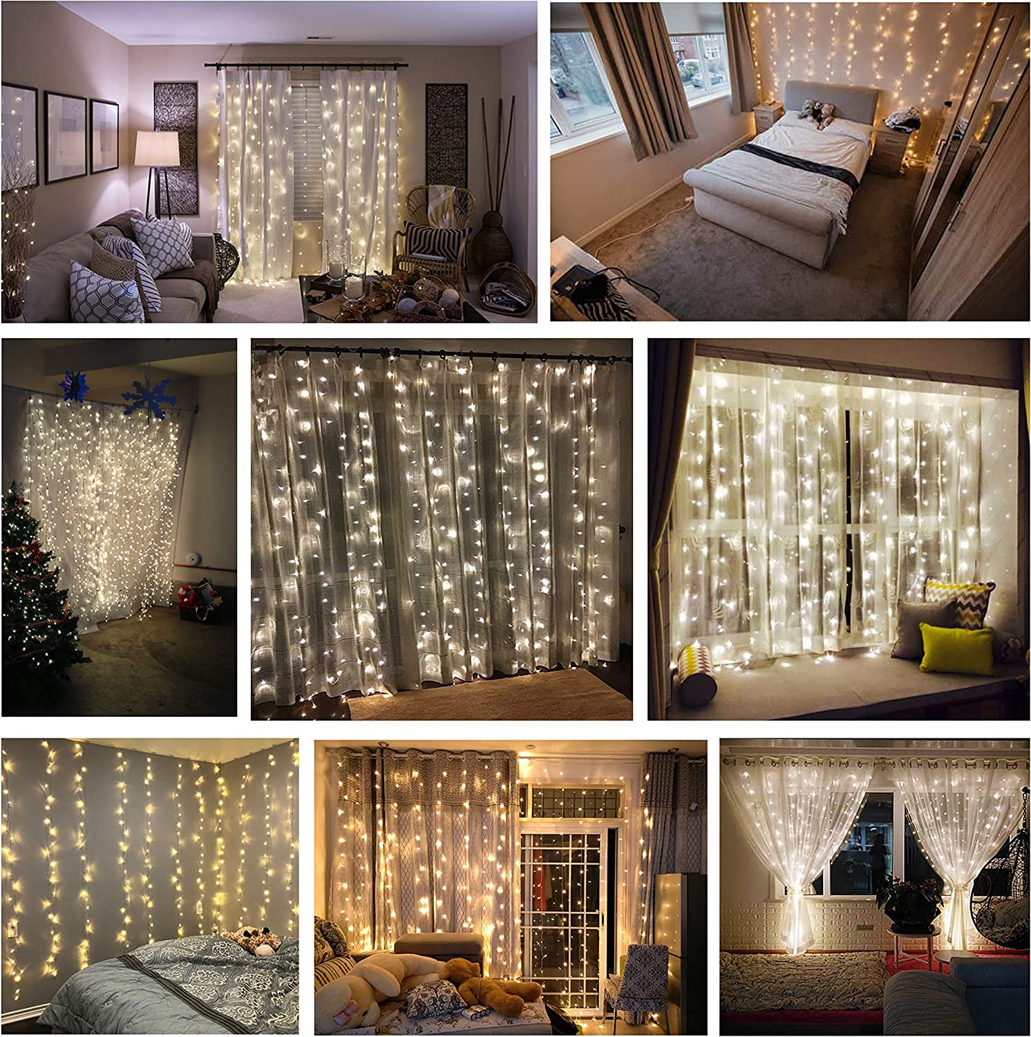 Lot de 2 guirlandes lumineuses à 300 LED, 3 x 3 m, 8 modes d'éclairage, certifiées IP44, étanches, pour Noël, fête, mariage, décoration murale extérieure et intérieure