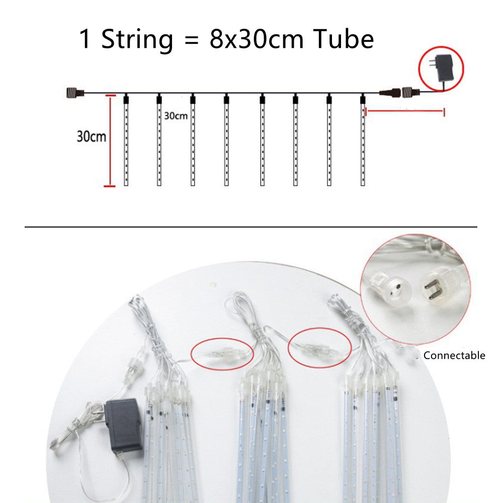 Lot de 3 guirlandes lumineuses de Noël avec pluie de météores, 8 tubes de 30,5 cm, étanches, à brancher, pour Halloween, Noël, fête, maison, terrasse, décoration extérieure