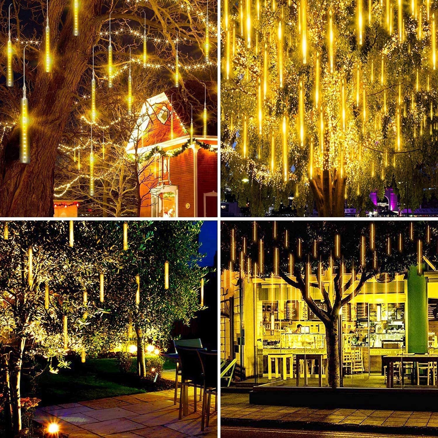 Lot de 3 guirlandes lumineuses de Noël avec pluie de météores, 8 tubes de 30,5 cm, étanches, à brancher, pour Halloween, Noël, fête, maison, terrasse, décoration extérieure