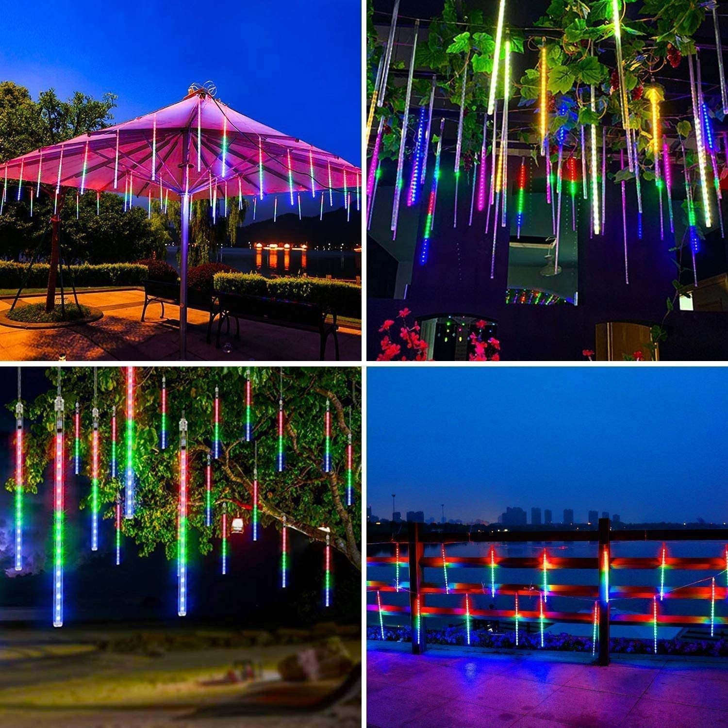 Lot de 3 guirlandes lumineuses de Noël avec pluie de météores, 8 tubes de 30,5 cm, étanches, à brancher, pour Halloween, Noël, fête, maison, terrasse, décoration extérieure