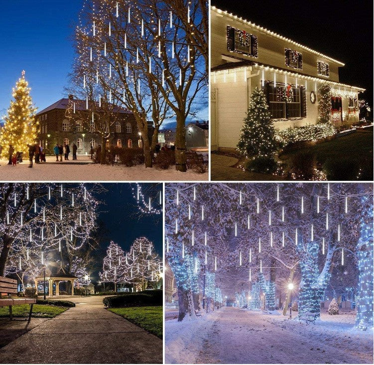 Lot de 3 guirlandes lumineuses de Noël avec pluie de météores, 8 tubes de 30,5 cm, étanches, à brancher, pour Halloween, Noël, fête, maison, terrasse, décoration extérieure