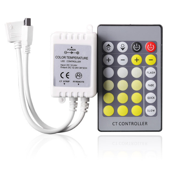 Contrôleur de bande LED blanche double – 12 V–24 V CC | Télécommande infrarouge 24 touches | Température de couleur réglable | Pour bandes LED blanches réglables