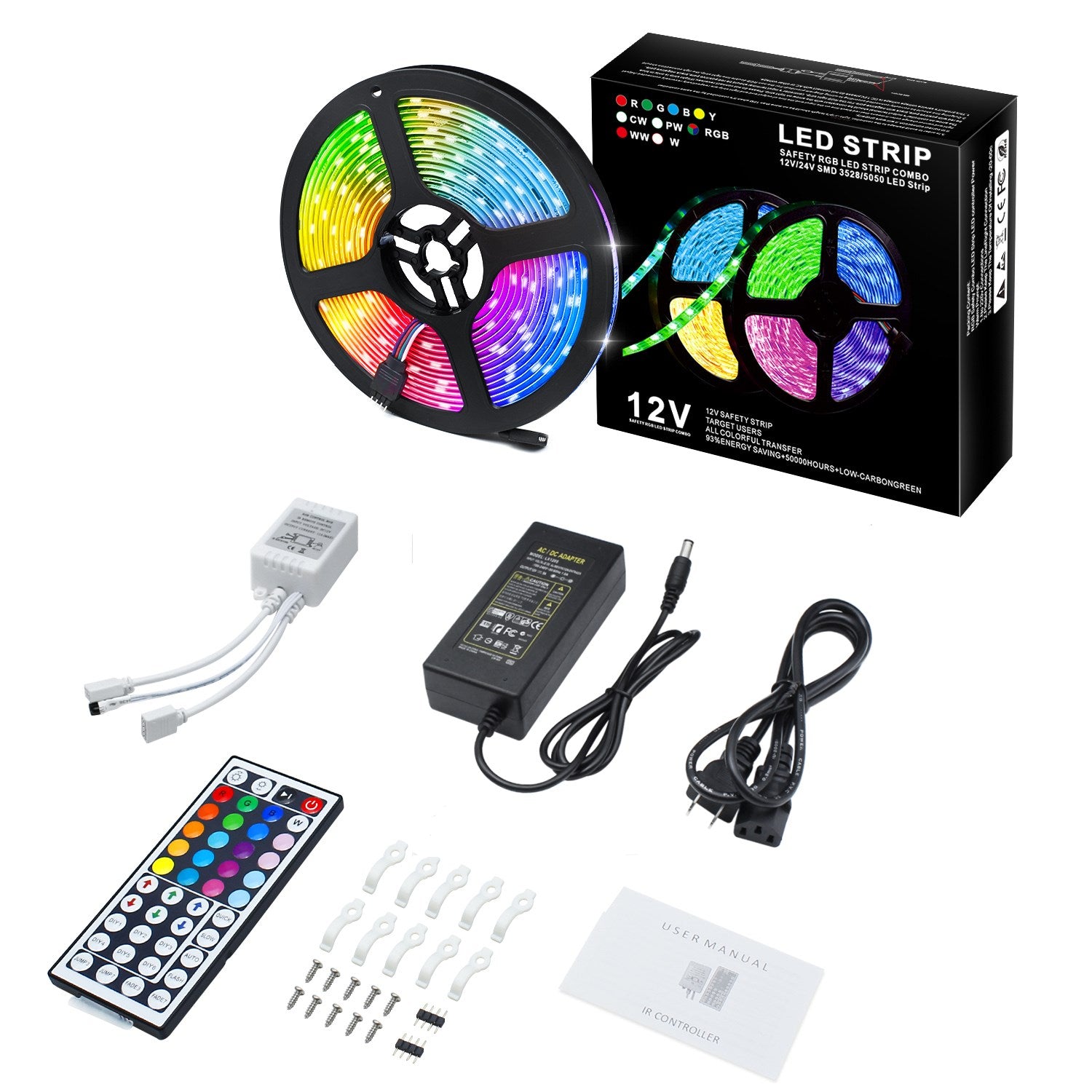 5M/10M SMD5050 RGB LED Strip Light Kit - DC12V | 30 / 60LEDs/M | 10mm PCB | IP00 / IP65 | 5M /10M | RGB Color Changing LED Strip Lights with Alexa, Google Assistant | 24/ 44 Keys Controller + Power Supply