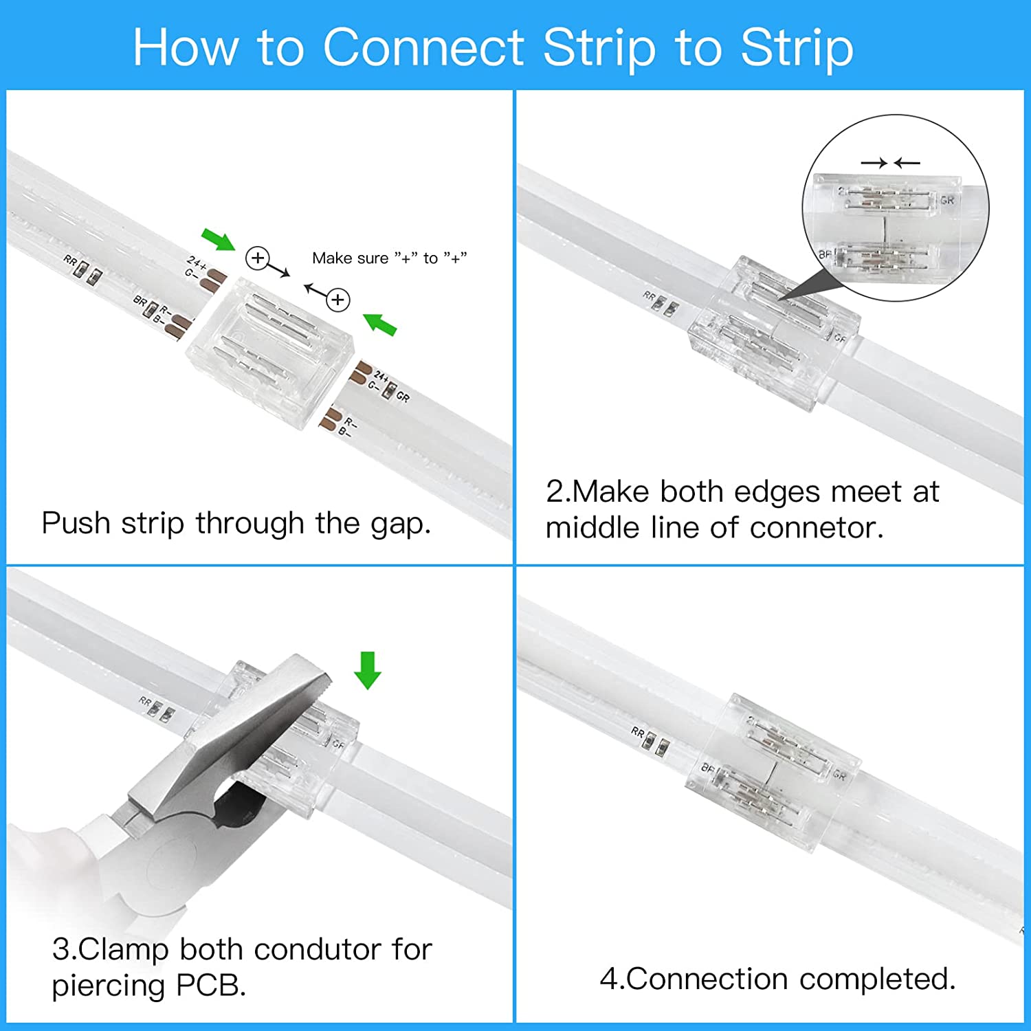 Connecteurs pour bandes LED transparentes en cristal – Clips sans soudure 10 mm 4 broches | Bande à fil / Bande à bande / Fiche femelle – Stock local États-Unis/Royaume-Uni 