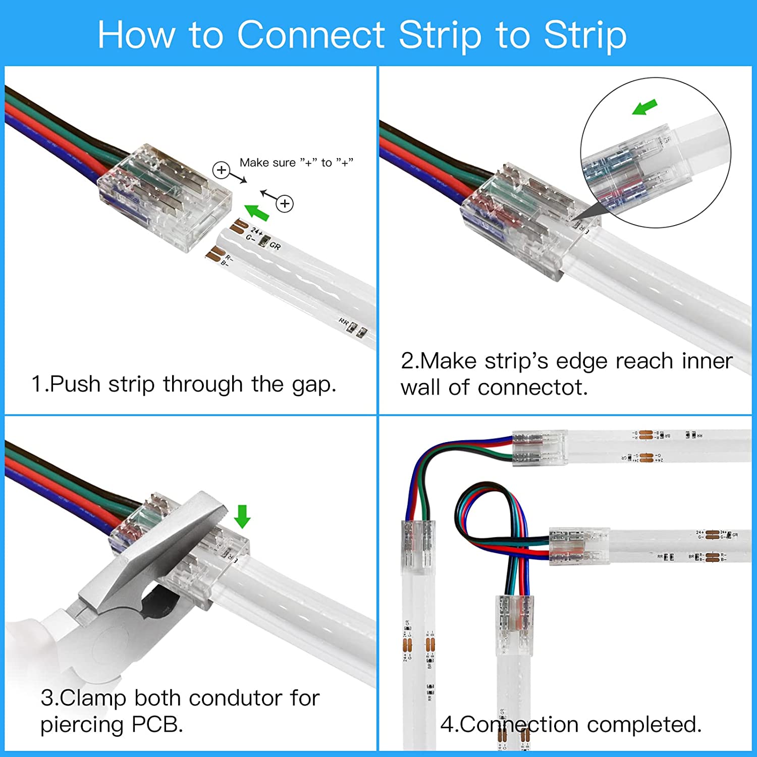 Connecteurs pour bandes LED transparentes en cristal – Clips sans soudure 10 mm 4 broches | Bande à fil / Bande à bande / Fiche femelle – Stock local États-Unis/Royaume-Uni 