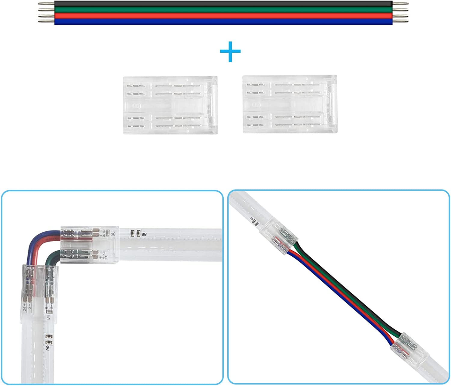 Connecteurs pour bandes LED transparentes en cristal – Clips sans soudure 10 mm 4 broches | Bande à fil / Bande à bande / Fiche femelle – Stock local États-Unis/Royaume-Uni 