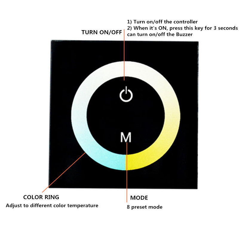 12V-24V DC Wall Panel Touchable Color Ring LED Controller | Dual White Color Temperature Adjustable | For LED Strips