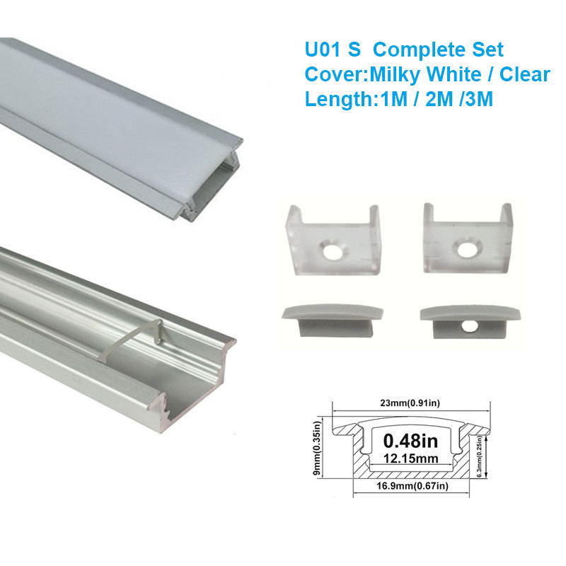 U-förmiger LED-Kanal U01-A – 12 mm | Silber / Schwarz | Milchweiße Abdeckung | Mit Installationszubehör | – Hochleistungs-Aluminiumprofil – 1 m / 2 m / 3 m | 50er-/100er-Pack