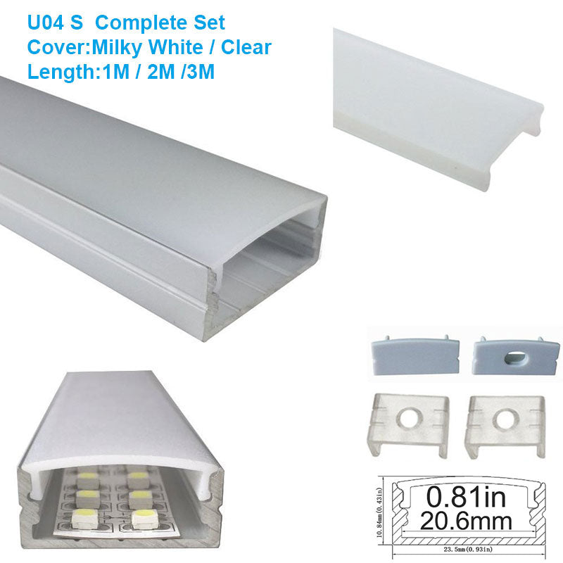 U Shape LED Channel U04-A – 20mm | Silver / Black | Milky White Cover | With Installation Accessories | – Heavy-Duty Aluminum Profile – 1m / 2m / 3m | 50 / 100-Pack