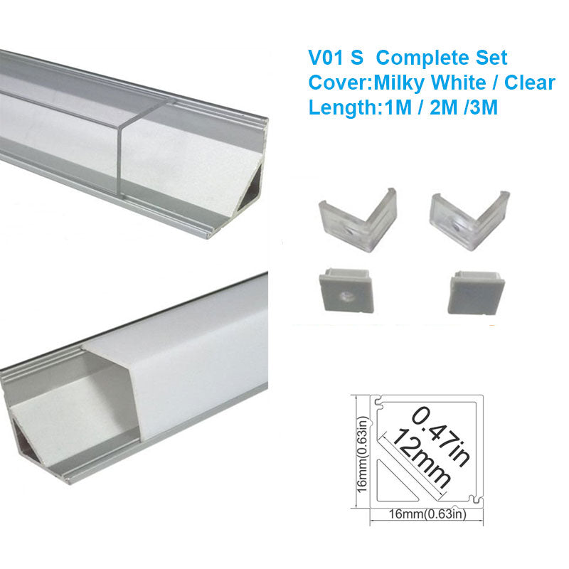 V Shape LED Channel V01-A – 12mm | Silver / Black | Milky White Cover | With Installation Accessories | – Heavy-Duty Aluminum Profile – 1m / 2m / 3m | 50 / 100-Pack