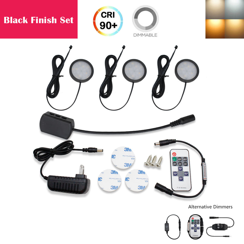 A-Series 3 Pack (3*2W) Dimmable CRI 90 Ultra Thin LED Under Cabinet Puck Lights With Dimmer & Power Adapter,  All Accessories Included